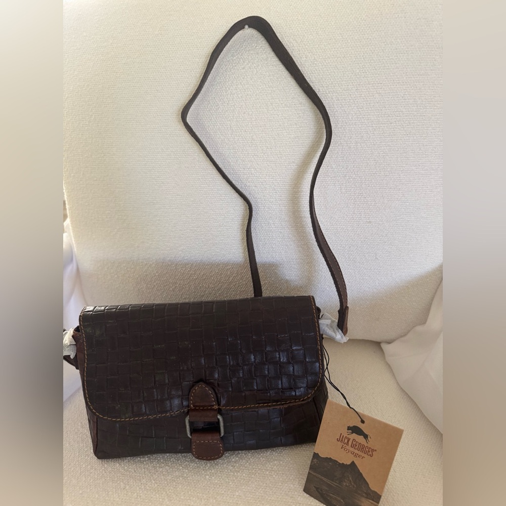 NWT Jack Georges Vntg Genuine Leather Crossbody Brown Basketweave Satchel